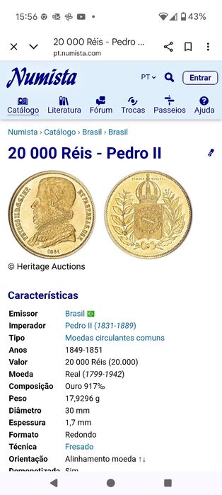 Moeda ouro 20.000 Reis D. Pedro II Brasil 1851