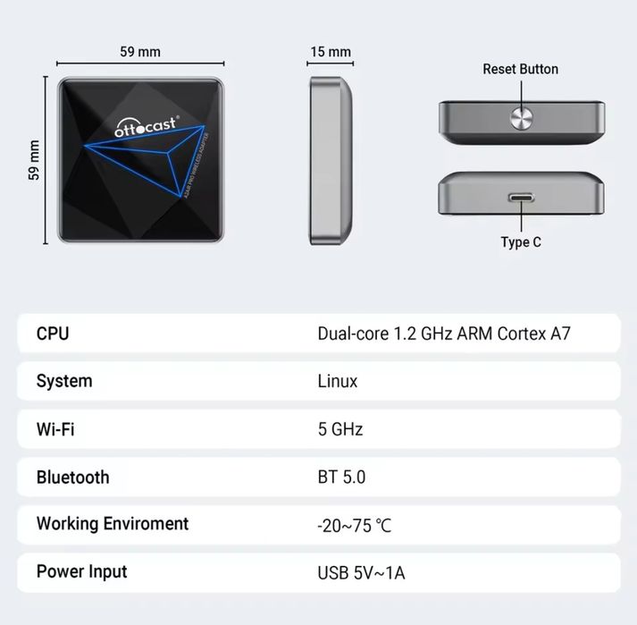 Ottocast A2air Pro Adaptador para Android Auto Bluetooth NOVO