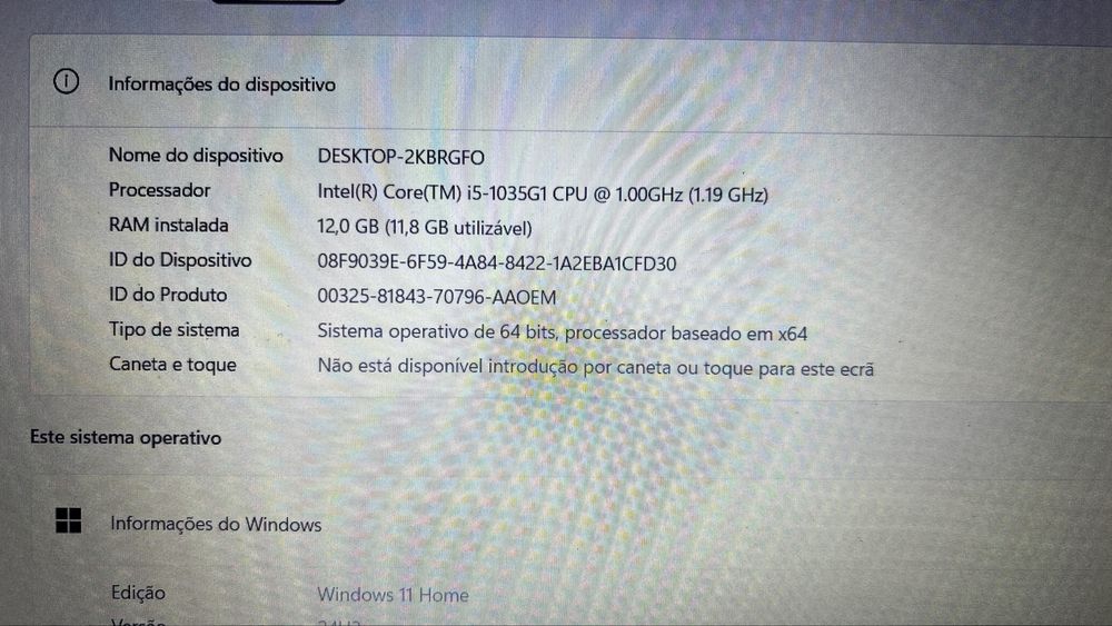 Portátil Acer I5-1035G1/12Gb Ram/SSD 275Gb/Ecrã Full HD
