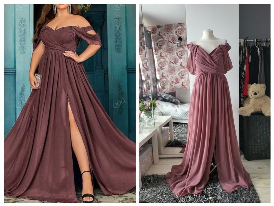 Wrzosowa sukienka maxi,szyfonowa z rozcięciem, 44-46 wesele,studniówka