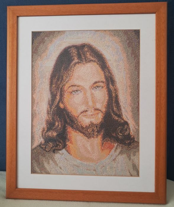 Quadro em ponto cruz, rosto de Jesus Cristo