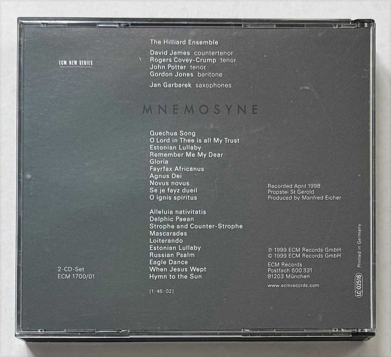 2CD_Jan Garbarek – The Hillard Ensemble, MNEMOSYNE. ECM New Series, 1999. Como novo.