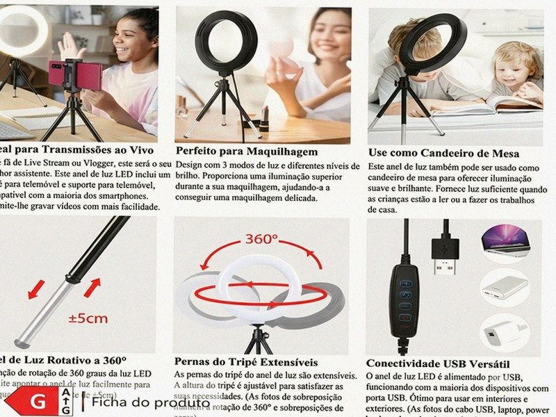 Ring Light Rotativa 360° com Tripé — Streaming, Maquilhagem e Videochamadas