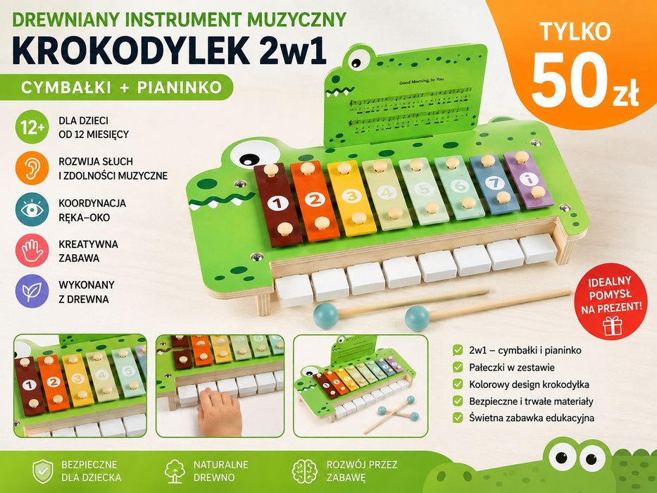 Drewniany instrument muzyczny dla dzieci – Krokodylek Piano Music 2w1