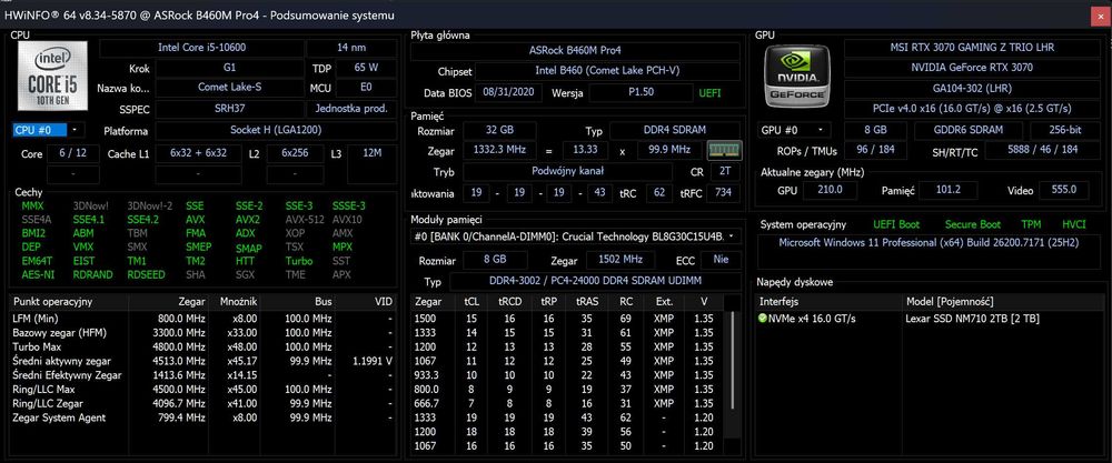 Komputer do gier/gamingowy RTX 3070 8GB, i5-10600, 32GB RAM, 2TB SSD