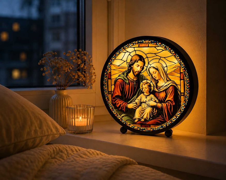 Witraż LED Święta Rodzina Okrągły Podświetlana Dekoracja Religijna 22 cm