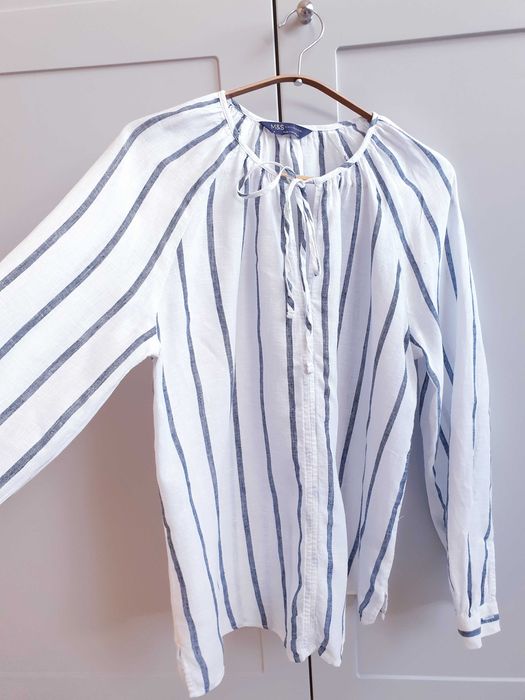 Biała koszula w pasy lniana M&S oversize boho 36 38