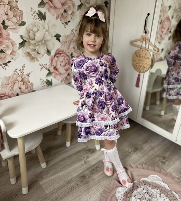 Sukienka dziewczęca fioletowe kwiaty 128 Hebe Kids elegancka nowa