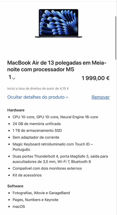 MacBook Air 13” M5 – 24GB RAM | 1TB SSD | Como Novo