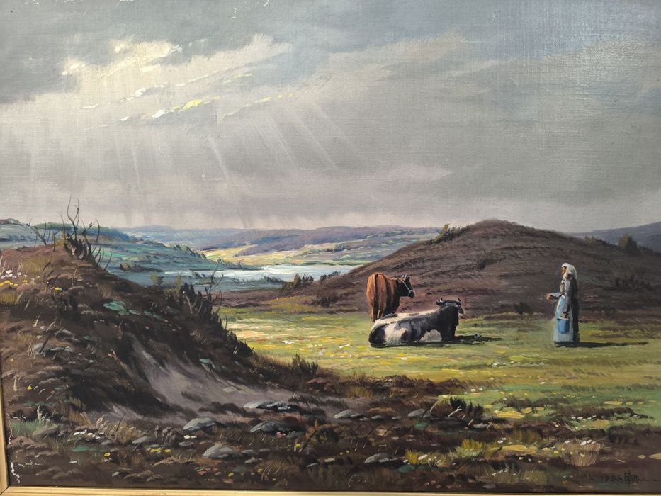 Piękny obraz olejny scena rodzajowa, sygnowany, płótno