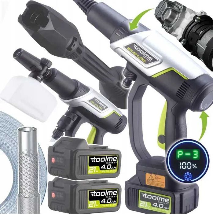 Акумуляторна мийка високого тиску Toolme TM280 PRO BRUSHLESS 450 Вт з алюмінієвою помпою, 2 АКБ 21В, піногенератор (Польща)