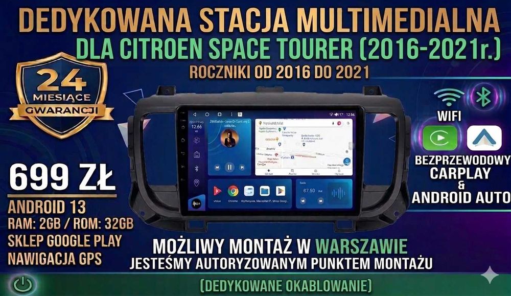 Radio Android 13 CITROEN SPACE TOURER 2016-2021 | 9 CALI IPS | Bezprzewodowe Apple CarPlay Android Auto | Bluetooth GPS WIFI | AlphaSound L230 Zestaw