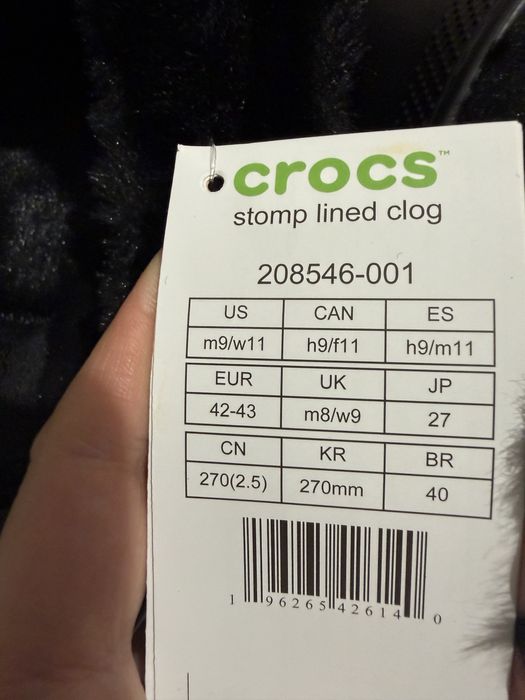 Klapki damskie Crocs Stomp Lined  r. 42-43 11 Nowe Czarne Futerko