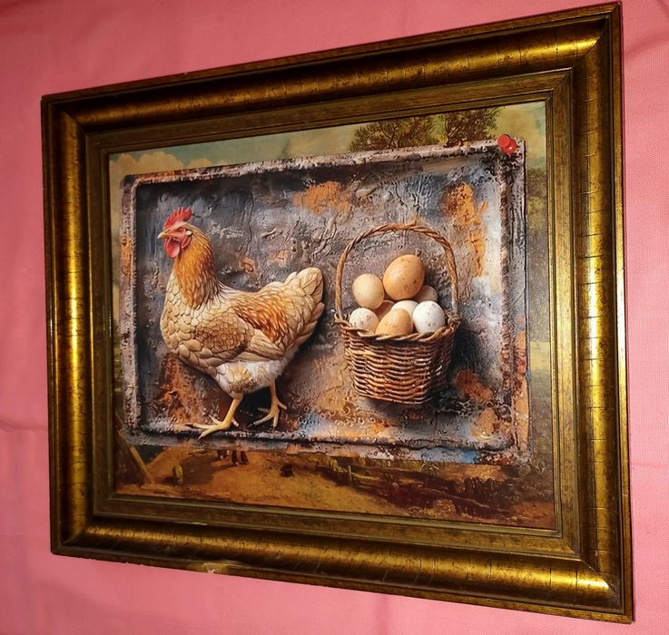 Quadro Moldura Madeira com Galinha