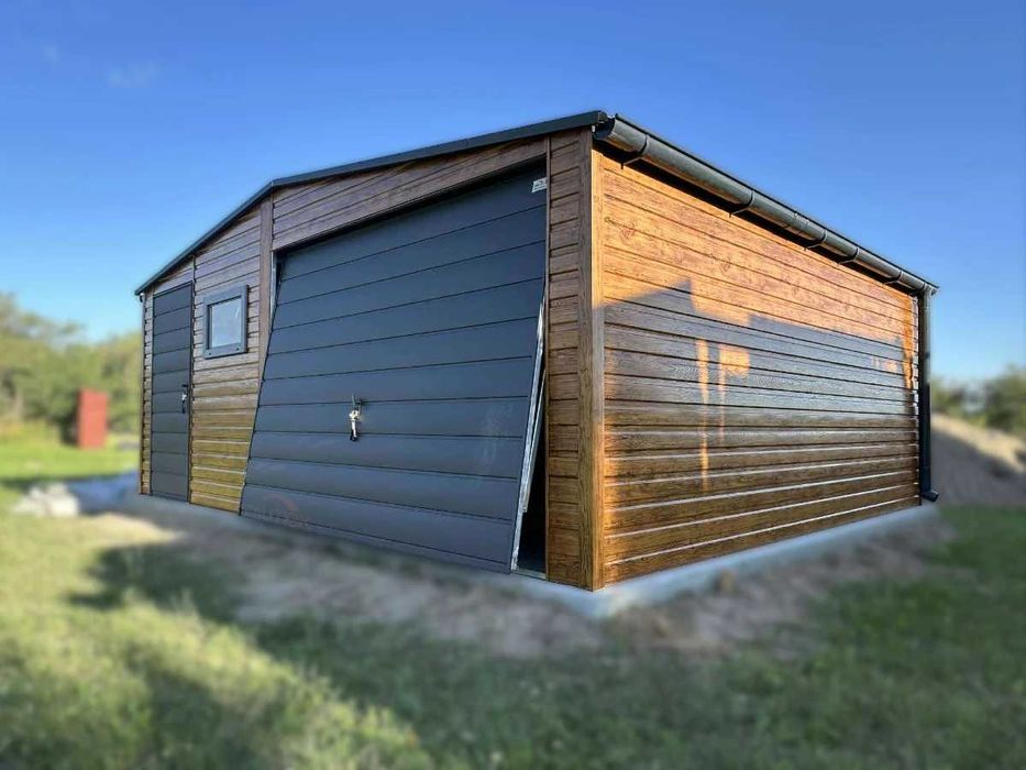 Nowoczesny Garaż Blaszany 6x5m Złoty Dąb / Grafit | Brama Uchylna