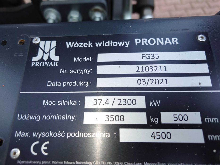 Wózek widłowy PRONAR 3,5t triplex 2021r gaz.
