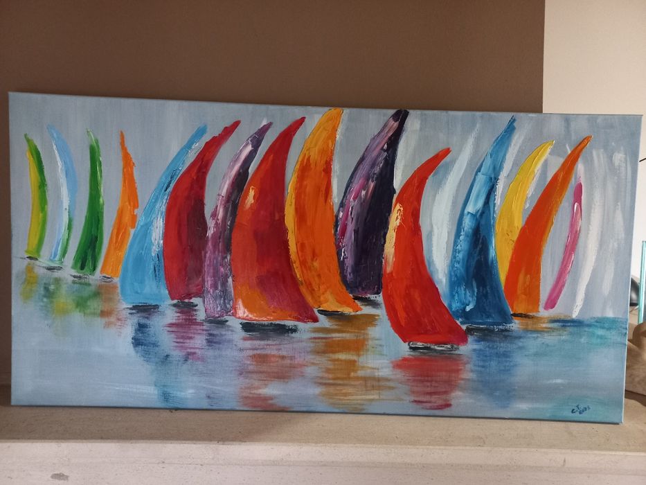 Pintura a óleo com barcos  na regata