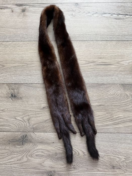 Szal krzyżowy norka z norki całe skórki dwustronny vintage 7cm x 130cm brąz brązowe