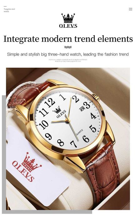 Klasyczny zegarek kwarcowy Olevs 39mm złoty biała tarcza pasek brązowy