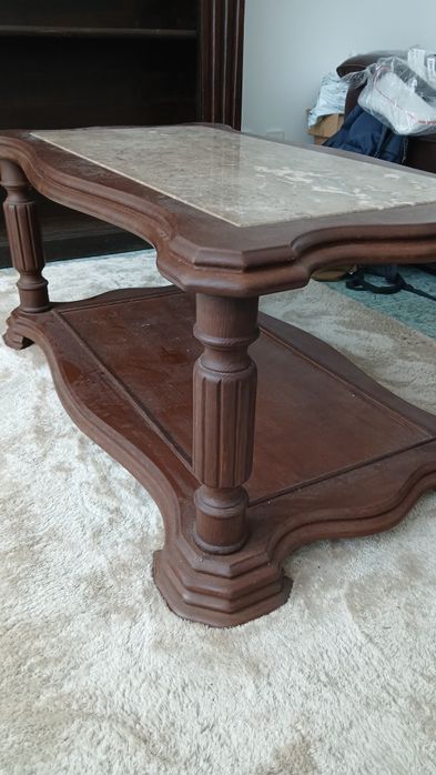 Mesa baixo pedra mármore e madeira maçiça