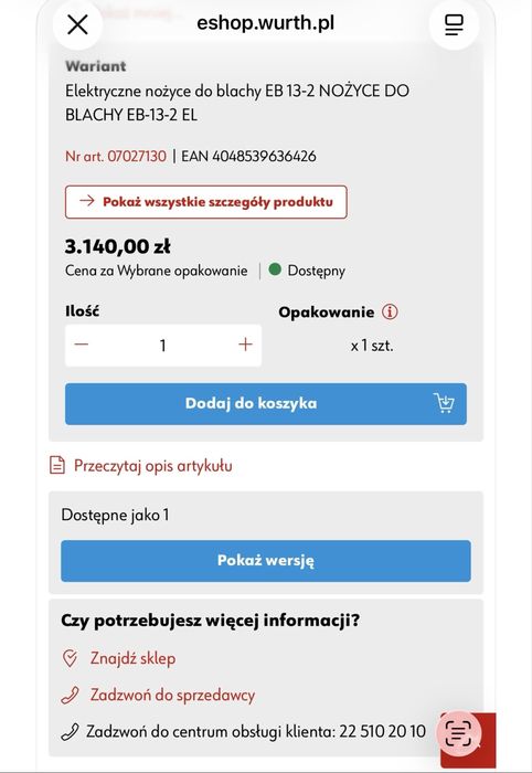 Elektryczne nożyce do blachy Wurth EB 13-2 Idealny stan Sprawne Polecam