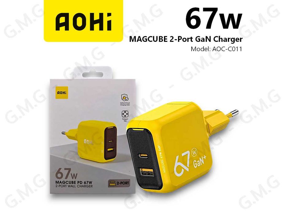 Зарядний пристрій AOHi Magcube 67W 2-Port GaN Charger EU (AOC-C011)