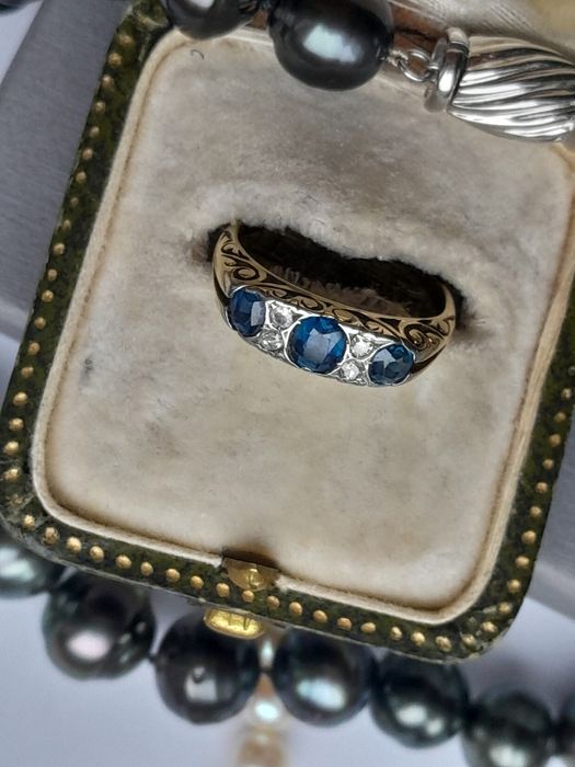 R.15 Zaręczynowy Pierścionek Antyk Szafiry Diamenty Złoto 585 WYCENA