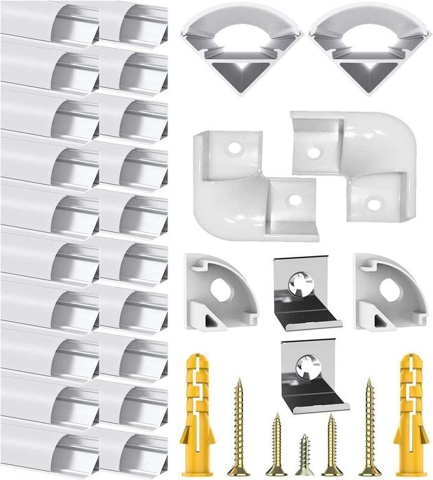 Perfil de Alumínio LED Chesbung 1M com Difusor Branco Creme | Canal para Fita LED com Tampas e Clips de Fixação | Kit 20 Peças