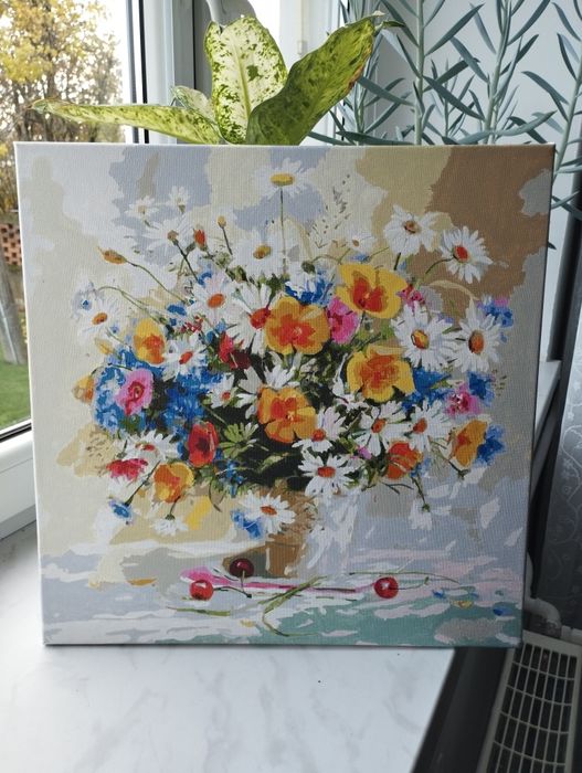 Obraz kwiaty w wazonie, akwarele, malowanie po numerach, gotowy obraz