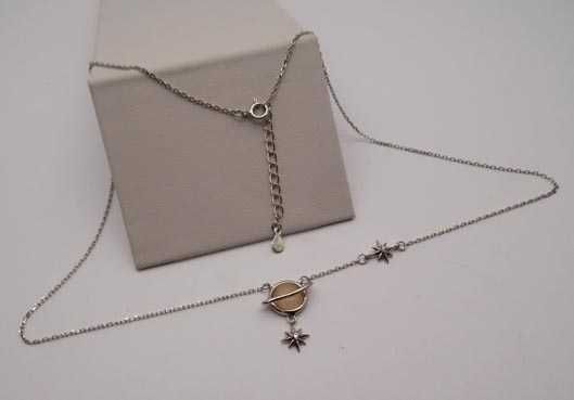 W.KRUK Srebrny naszyjnik planeta gwiazdy cyrkonie regulowany 42-45 cm.