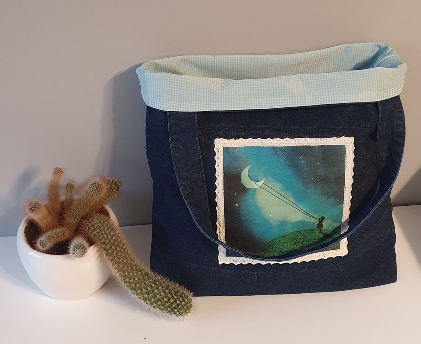Torba jeansowa, shopperka, rękodzieło, handmade, na prezent