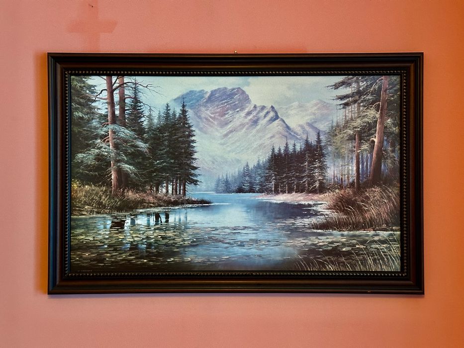 Obraz pejzaż rama drewniana 113x72 zdobiona vintage