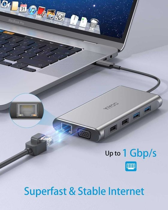YIYOO Stacja dokująca USB C 10w1 podwójny hub wyświetlacza 4K HDMI+VGA
