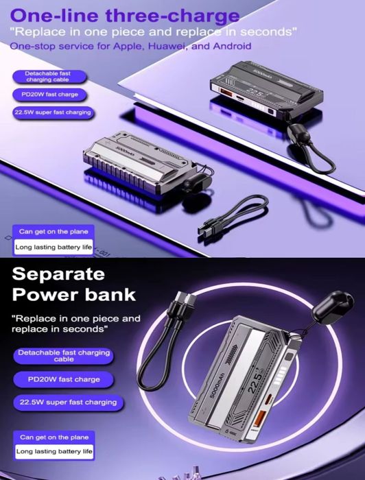 Прозрачный корпус повербанка с быстрой зарядкой 22.5 W на 6 батарей 18