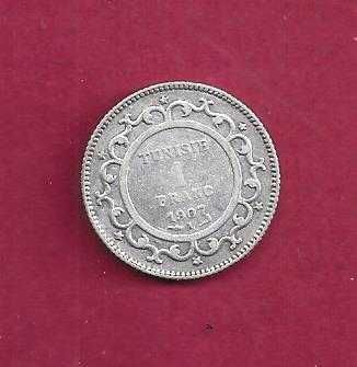 Tunisia  Moeda de 1 Franc  1907  Prata