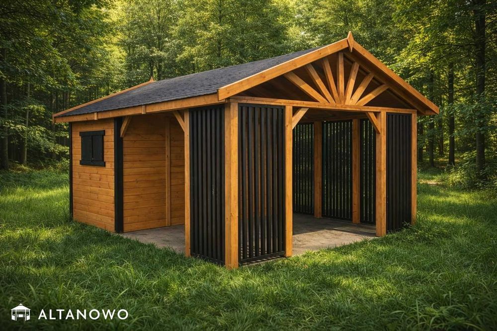 Drewniany domek letniskowy z altaną ogrodowy | producent | montaż