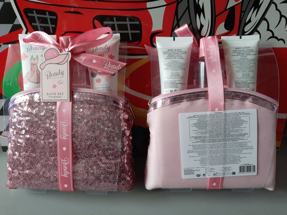 2x zestaw kosmetyków z brokatową kosmetyczką.