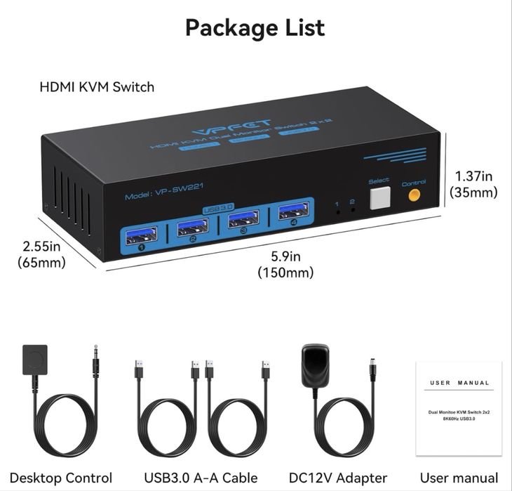 VP-SW221 Przełącznik KVM HDMI 8K 60Hz dla 2 komputerów