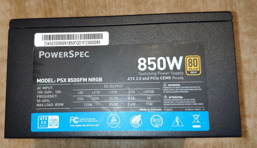 Блок живлення PowerSpec 850 Watt 80 Plus Gold (PSX 850GFM)