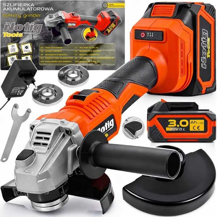 SZLIFIERKA KĄTOWA 125 mm, 20 V, 2x3,0 Ah Bezszczotkowa NOTIG TOOLS