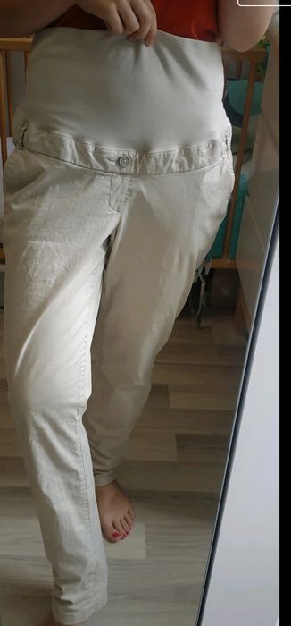 Spodnie damskie ciążowe materiałowe 42 XL h&m Mama beżowe lato cienkie