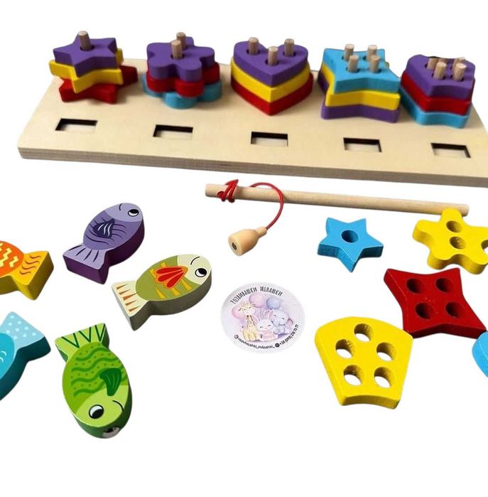 Drewniany sorter kształtów z wędką magnetyczną 3w1