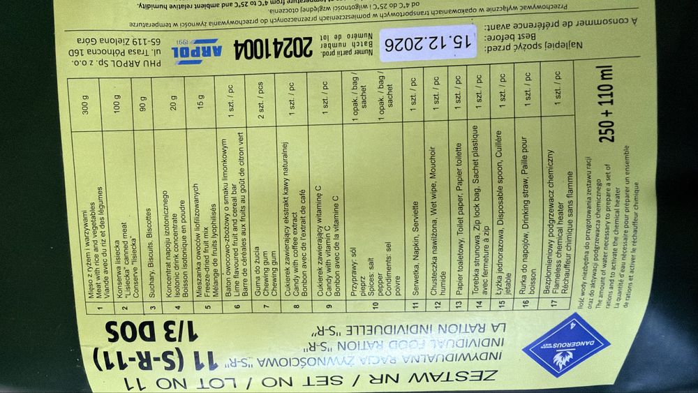 Wojskowe racje żywnościowe srg
