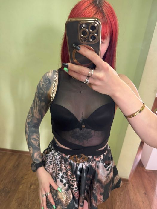 Prześwitujący czarny top, bluzka, siateczka, bez rękawów, kołnierz, S