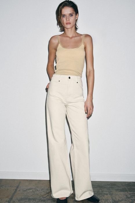 Джинси zw collection wide leg із високою посадкою zara, молочні wide leg zara