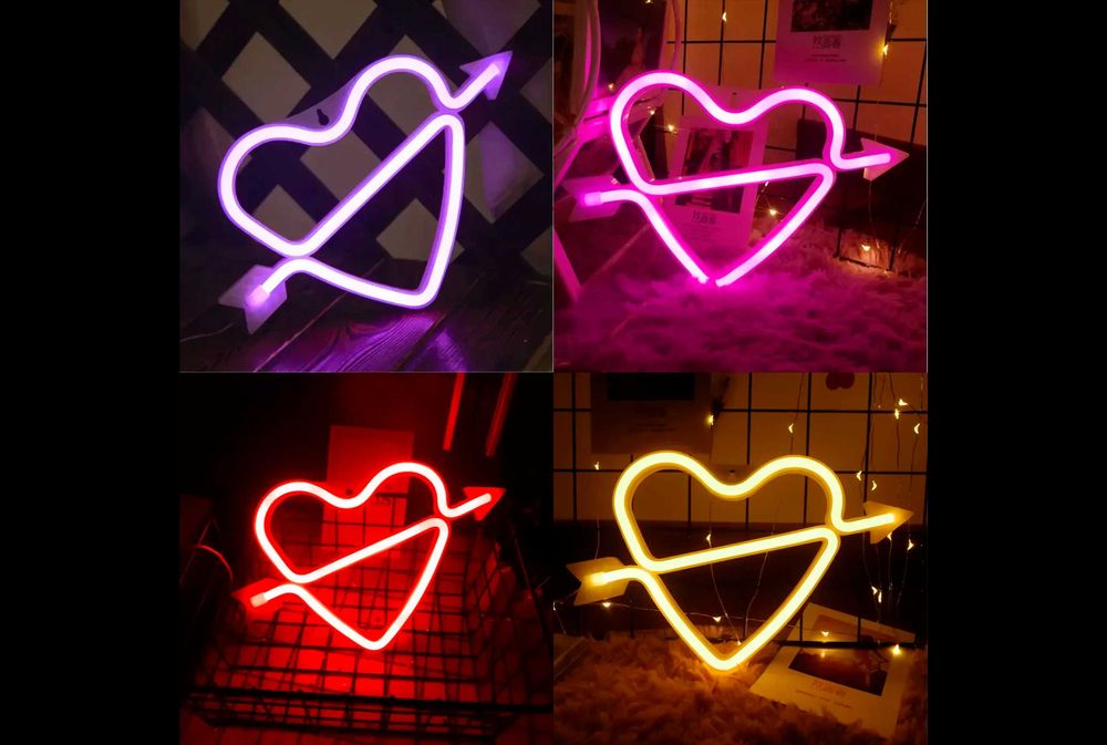 Неоновий світильник серце зі стрілою Love рожевий, червоний або фіолет