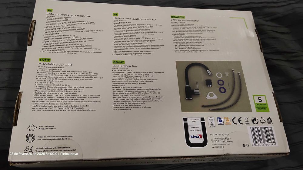 Torneira cozinha preta com led