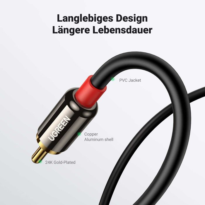 Кабель аудіо Jack 3.5mm на 2 RCA UGREEN HiFi UGREEN аудио для сабвуфера усилителя Aux Cable 3/5 метра