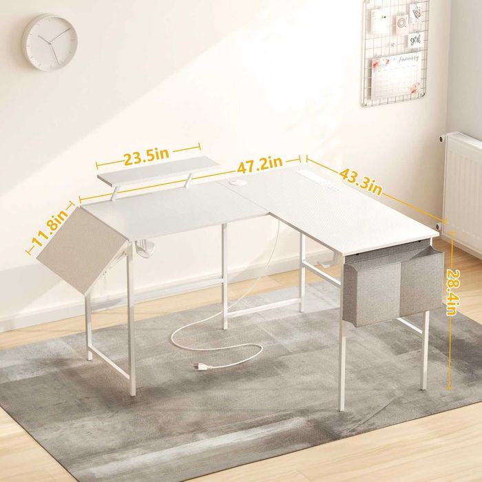 Biurko gamingowe Narożne BIAŁE 120-150cm z gniazdem + USB . Ośw. LED .