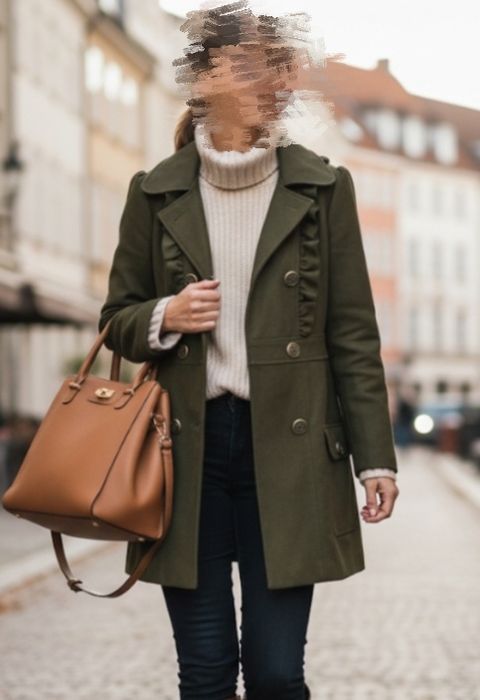 Zielony płaszcz przejściowy z bufkami i falbankami Atmosphere